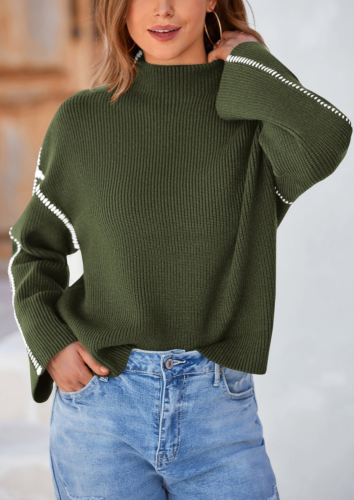 Chunky Knit  Casual Long Sleeve Mock Neck Oversized Loose Sweaters