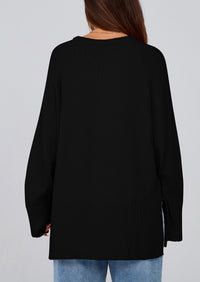 Knit Long Sleeve Crew Neck Split Hem Loose Oversized Tunic Sweaters