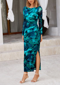 Floral Print Long Sleeve Tight Fitted Ruched Bodycon Maxi Dresses
