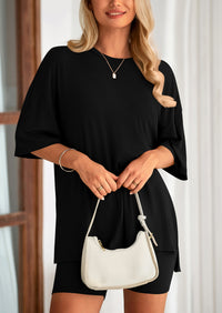 Casual Short Sleeved Round Neck Top Paired With Shorts Two-Piece Set