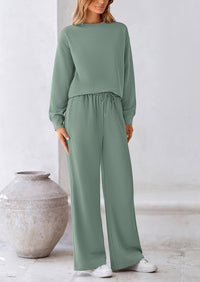 Casual Long Sleeve Pullover Tops and Wide Leg Pants Knitted Two Piece Sets
