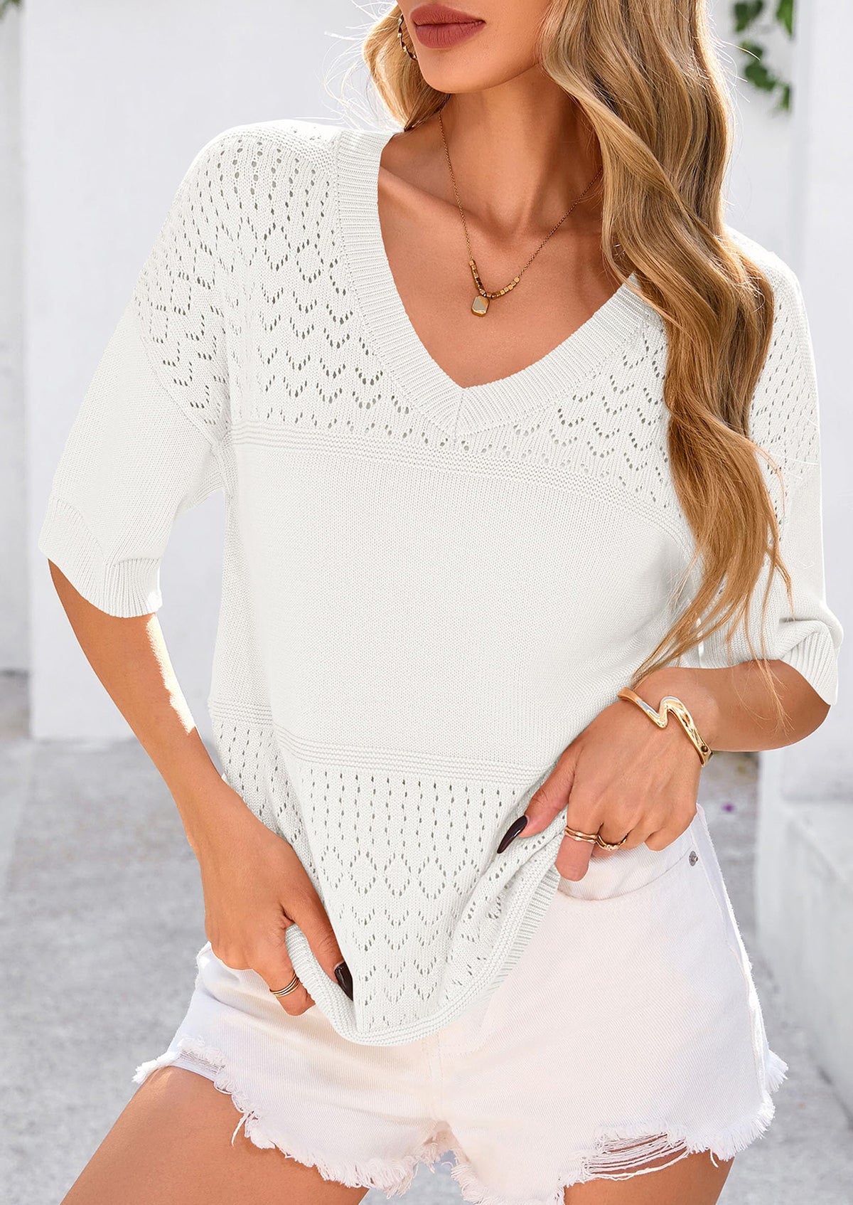 Short Sleeved Casual V-Neck Knitted Small Eye Shirt
