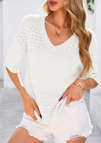 Short Sleeved Casual V-Neck Knitted Small Eye Shirt