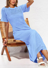 Eyelet Beach Vacation Resort Short Sleeve Hollow Out Dress Cover Up Maxi Dresses