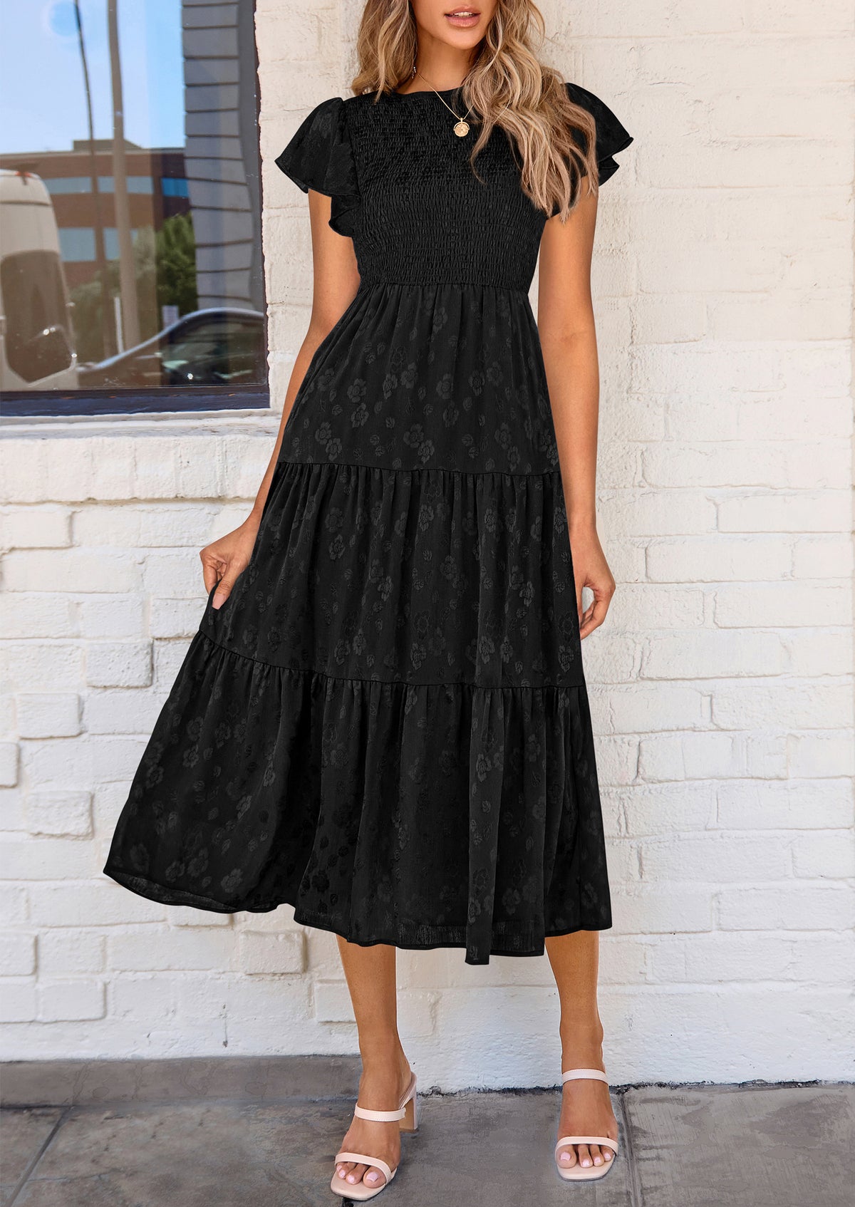 Floral  Summer Cap Sleeve Smocked Ruffle A Line Long Flowy Wedding Guest Midi Dresses