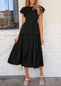 Floral  Summer Cap Sleeve Smocked Ruffle A Line Long Flowy Wedding Guest Midi Dresses