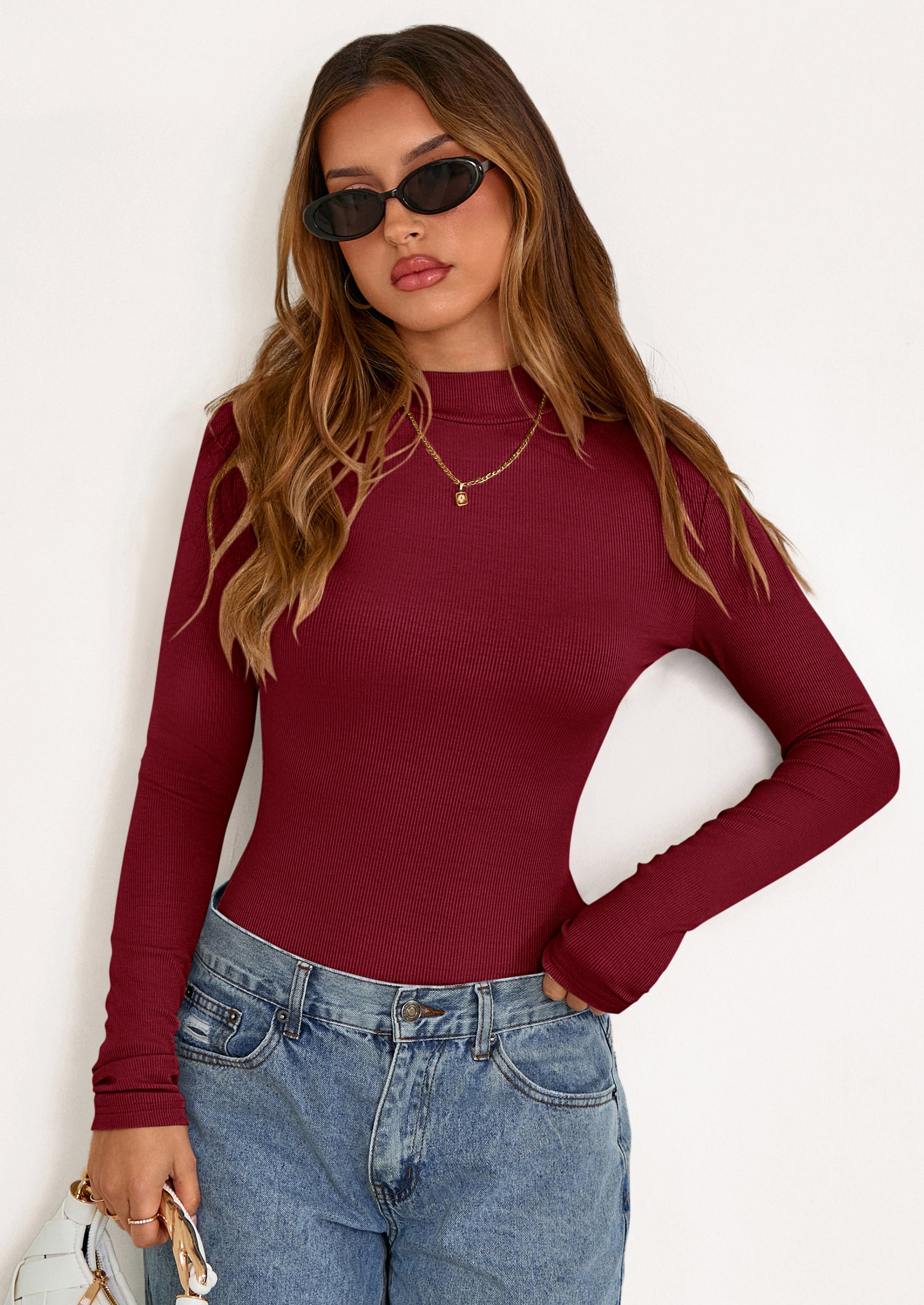 PRETTYGARDEN Women's Turtleneck Long Sleeve Shirts Fall Basic Tees Ribbed Fitted Tops Thermal Layering Knit Top Clothes