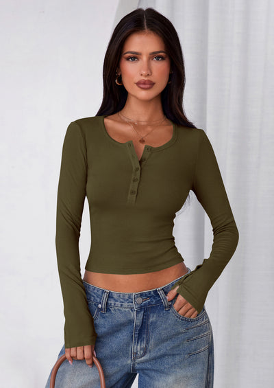 PRETTYGARDEN Women's Summer Long Sleeve Henley T Shirts Ribbed Knit Button Slim Fitted Basic Casual Going Out Fall Tops