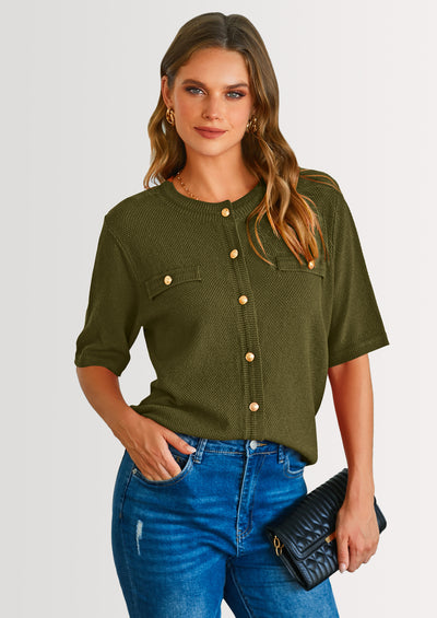 PRETTYGARDEN Women's Summer Button Down Shirts Casual Short Sleeve Crew Neck Ribbed Knit Blouse Top Cardigans