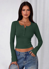 PRETTYGARDEN Women's Summer Long Sleeve Henley T Shirts Ribbed Knit Button Slim Fitted Basic Casual Going Out Fall Tops