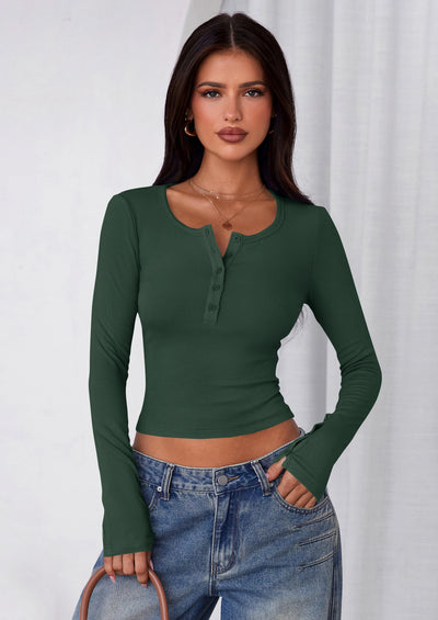 PRETTYGARDEN Women's Summer Long Sleeve Henley T Shirts Ribbed Knit Button Slim Fitted Basic Casual Going Out Fall Tops