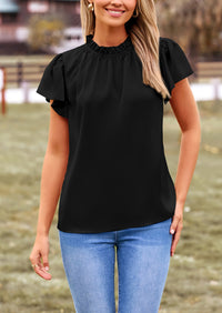 Satin Dressy Casual Ruffle Short Sleeve Crew Neck Work Party Blouses