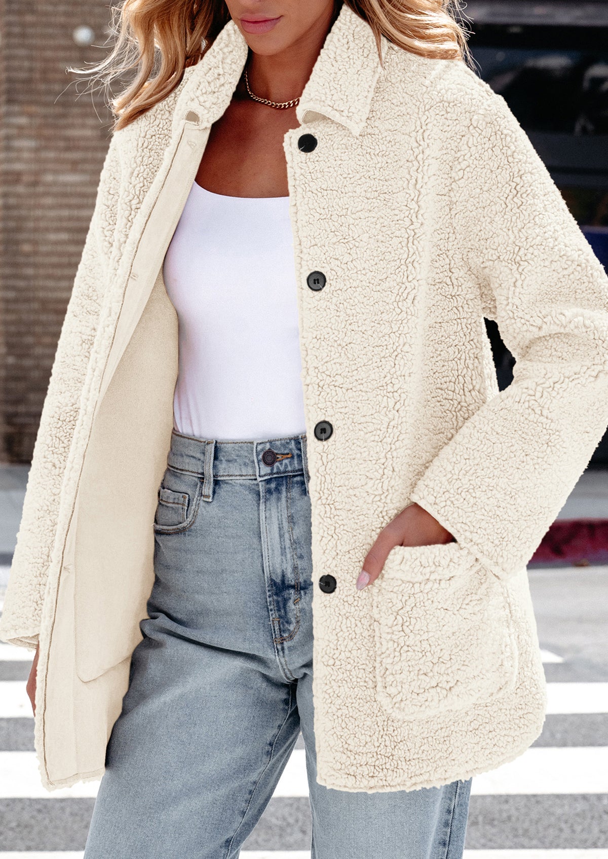 Long Sleeve Lapel Button Down Pockets Fleece Faux Fur Coats