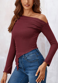 Long Sleeve Y2K Crop Top Off Shoulder Asymmetrical Fitted Knit Blouses