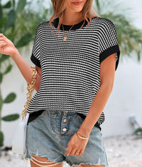 Short Sleeve Round Neck Striped Pullover Cap Sleeve Knit T-shirt