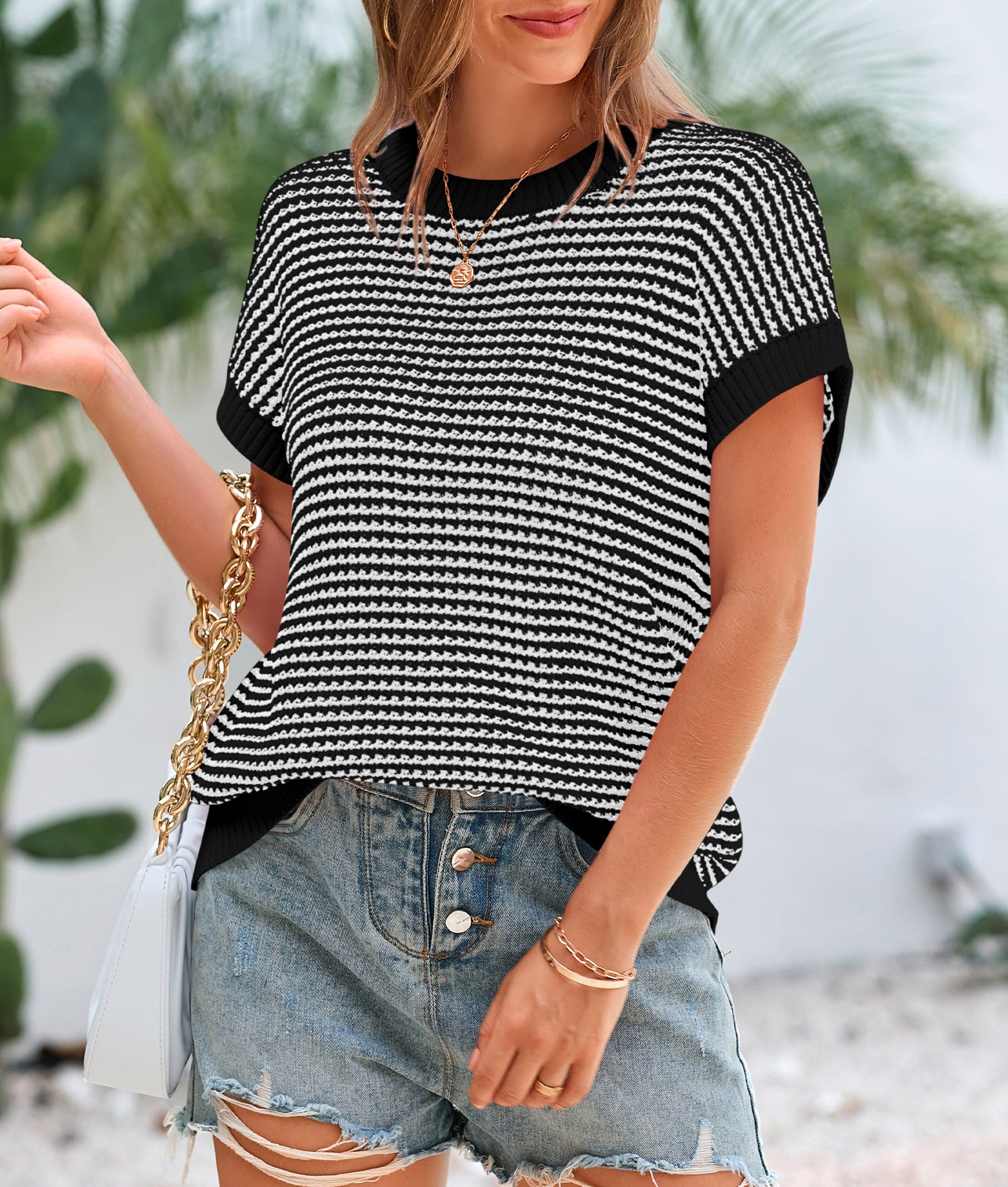 PRETTYGARDEN Womens Short Sleeve Sweater Spring Summer Round Neck Striped Pullover Cap Sleeve Knit Sweater Vest Tops