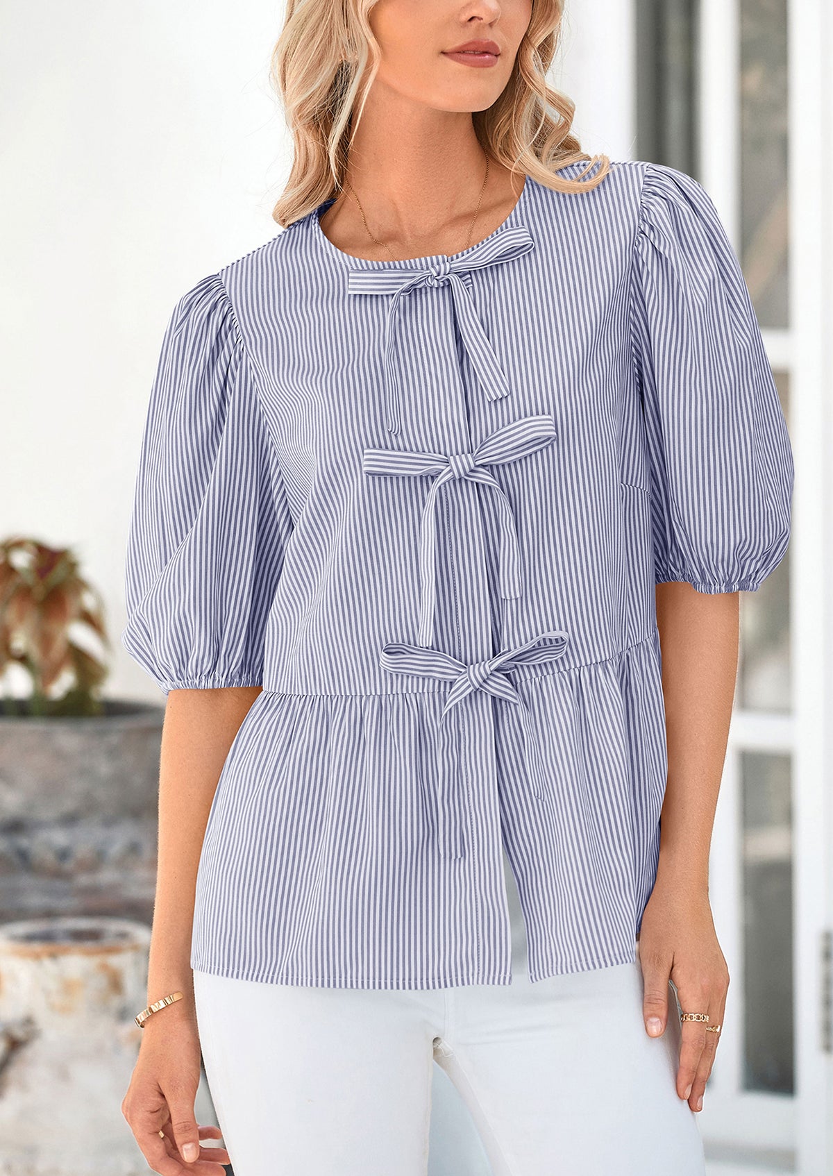 Striped Round Neck Front, Lace Up Bubble Sleeves Tops