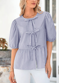 Striped Round Neck Front, Lace Up Bubble Sleeves Tops