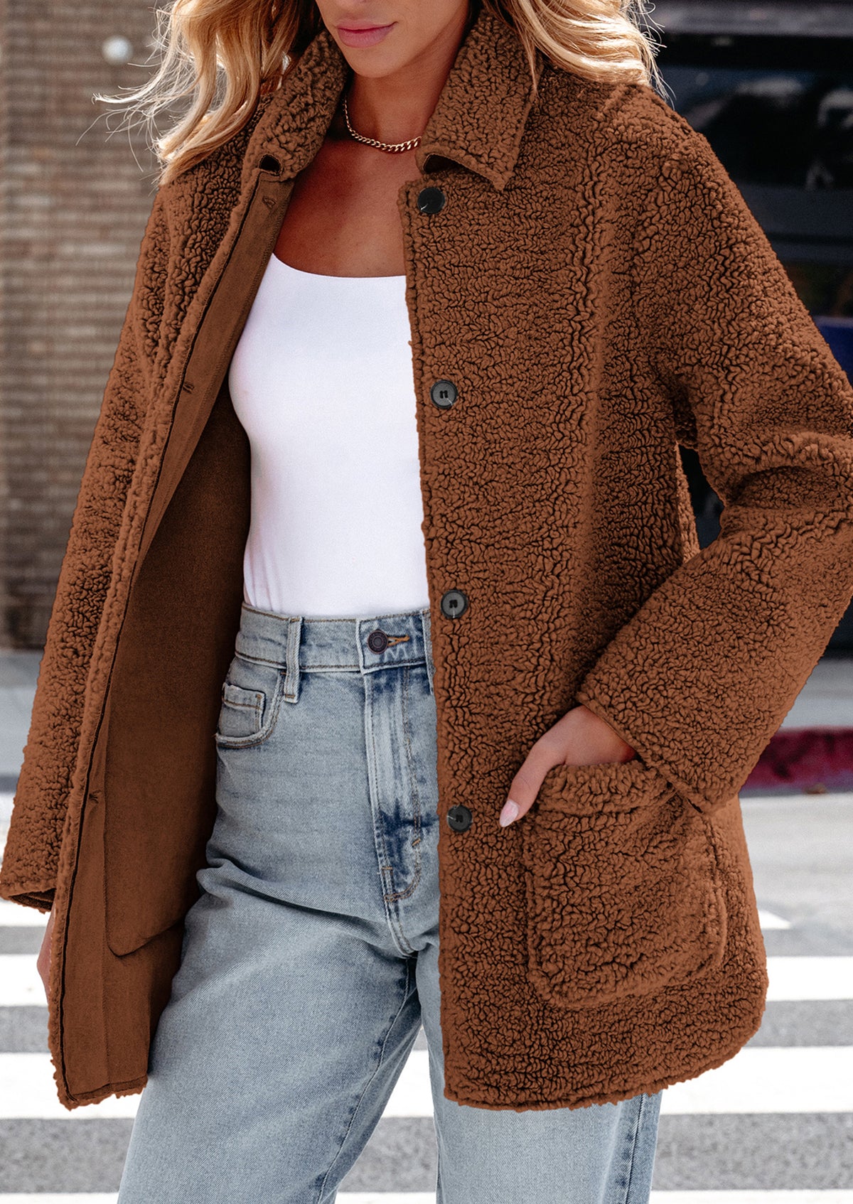 Long Sleeve Lapel Button Down Pockets Fleece Faux Fur Coats
