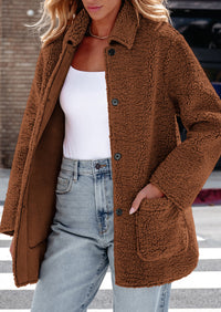 Long Sleeve Lapel Button Down Pockets Fleece Faux Fur Coats