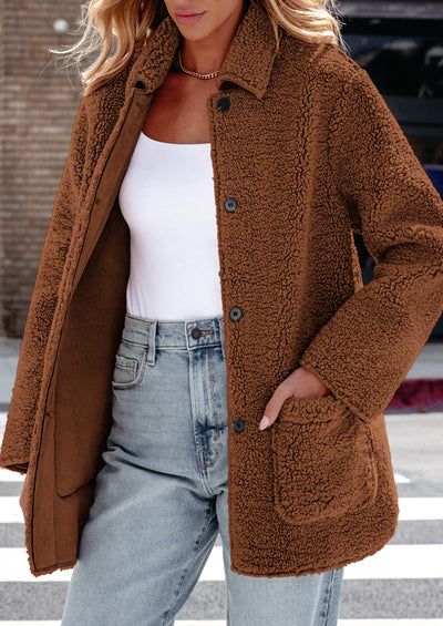 PRETTYGARDEN Women's Winter Faux Fur Coats Long Sleeve Lapel Button Down Pockets Fleece Sherpa Jacket Casual Trendy Outerwear