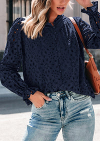 Puff Long Sleeve Button V Neck Hollow Out Lace Embroidered Casual Pullover Blouses