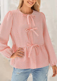Babydoll Peplum Puff Long Sleeve Bow Tie Front Cute Y2K Blouses