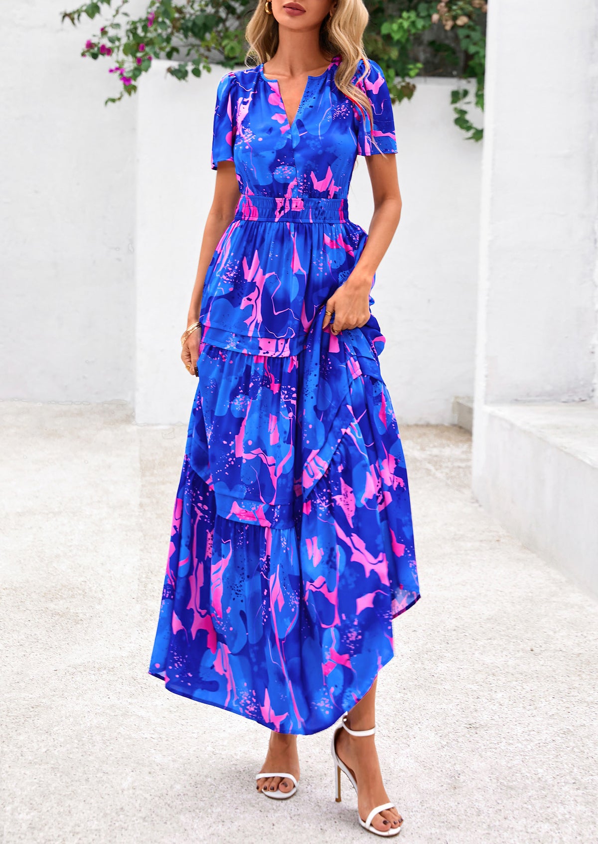 Boho Floral Short Sleeve V Neck A Line Tiered Ruffle Flowy Long Beach Vacation Maxi Dresses