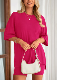 Casual Short Sleeved Round Neck Top Paired With Shorts Two-Piece Set