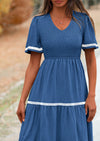 PRETTYGARDEN Women's Casual Summer Maxi Dress Short Sleeve Swiss Dot V Neck Smocked Long Flowy Beach Dresses