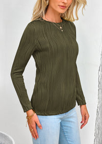 Plain Long Sleeve Crew Neck Textured Casual T-shirts