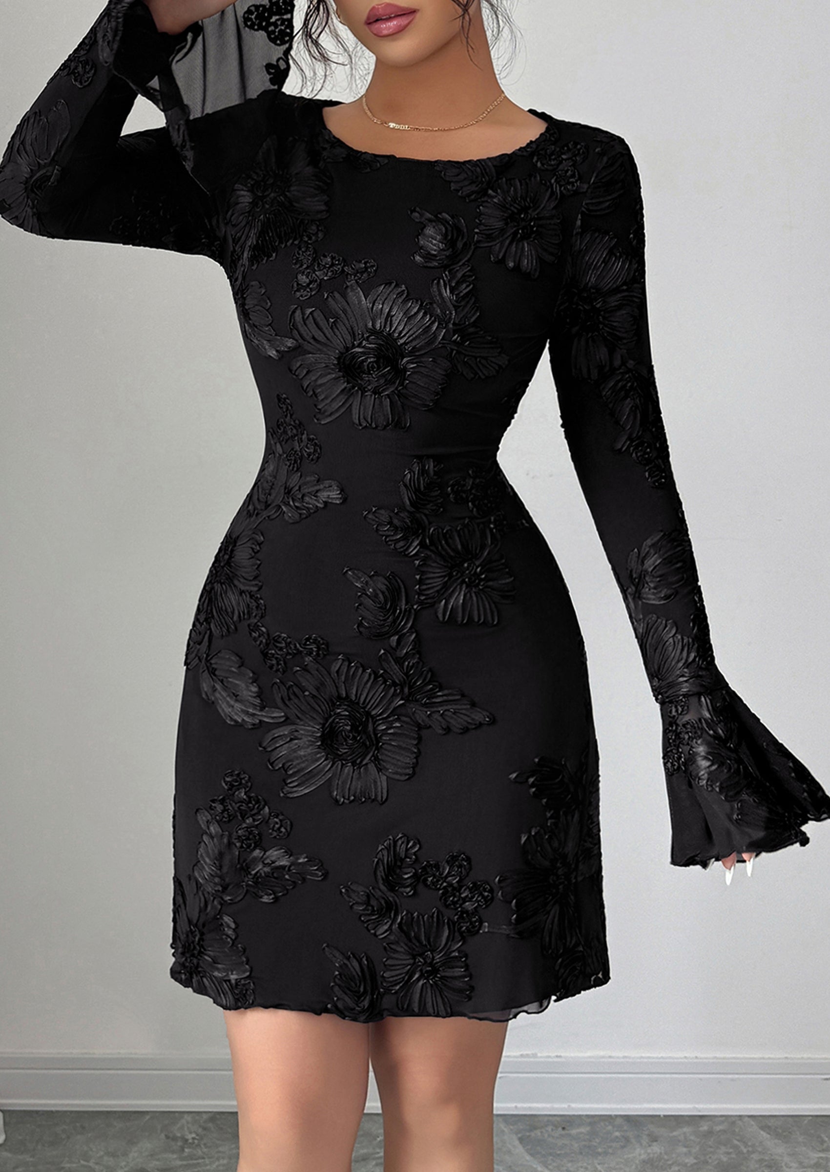 PRETTYGARDEN Women's Floral Embroidered Dress Fall Long Bell Sleeve Ribbon Flower Mini Short Mesh Bodycon Party Dresses