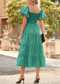 Casual Short Sleeved Square Neck Layered Pleated Dress