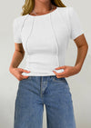 KIRUNDO Ribbed Short Sleeve Tops for Women Summer Casual Crew Neck Cute Crop Basic Tees Slim Fit Exposed Seams T Shirts