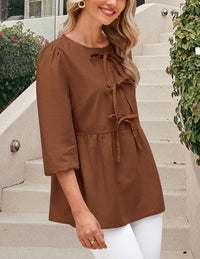 Babydoll Trendy 3/4 Length Puff Sleeve Bow Tie Front Cute Peplum Blouses