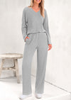 PRETTYGARDEN Women's 2 Piece Lounge Sets Ribbed Knit Long Sleeve V Neck Pullover Tops Wide Leg Pants Spring Fall Outfits