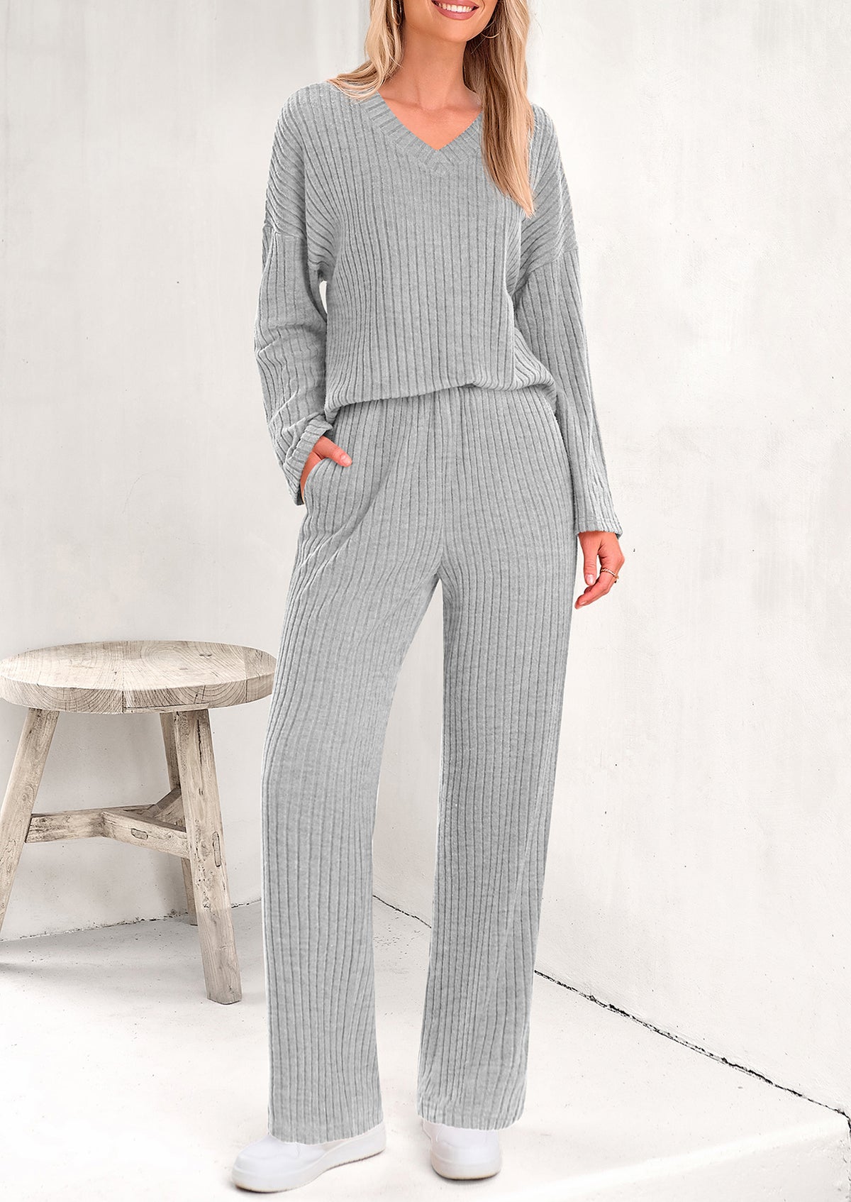 Knitted Long Sleeved V-Neck Pullover, Wide Leg Long Pants Two-Piece Set