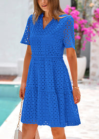 Short Sleeve V Neck Hollow Out Eyelet Ruffle A Line Swing Mini Dress