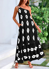 One Shoulder Spaghetti Strap Printed A Line Flowy Boho Maxi Long Sundress