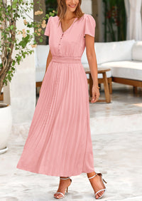 Casual Button V Neck Ruffle Cap Sleeve Long Flowy Pleated Maxi Dresses