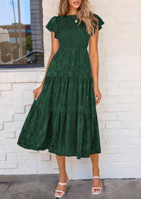 Floral  Summer Cap Sleeve Smocked Ruffle A Line Long Flowy Wedding Guest Midi Dresses