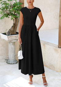 Casual Cap Sleeve Patchwork A Line Flowy Elegant Homecoming Maxi Dress