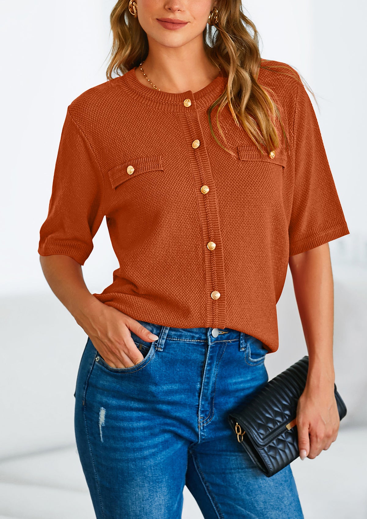 Button Down Casual Short Sleeve Crew Neck Ribbed Knit Shirts