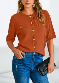 Button Down Casual Short Sleeve Crew Neck Ribbed Knit Shirts