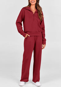 Flip Collar Half Zip Top And Wide Leg Pants Casual Two-Piece Set