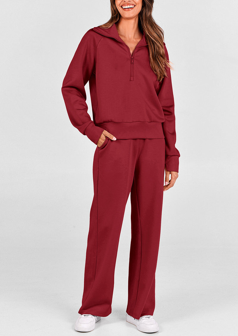 PRETTYGARDEN Women's 2 Piece Outfits Casual Lapel Half Zip Sweatshirts And Wide Leg Pants Tracksuit Sets