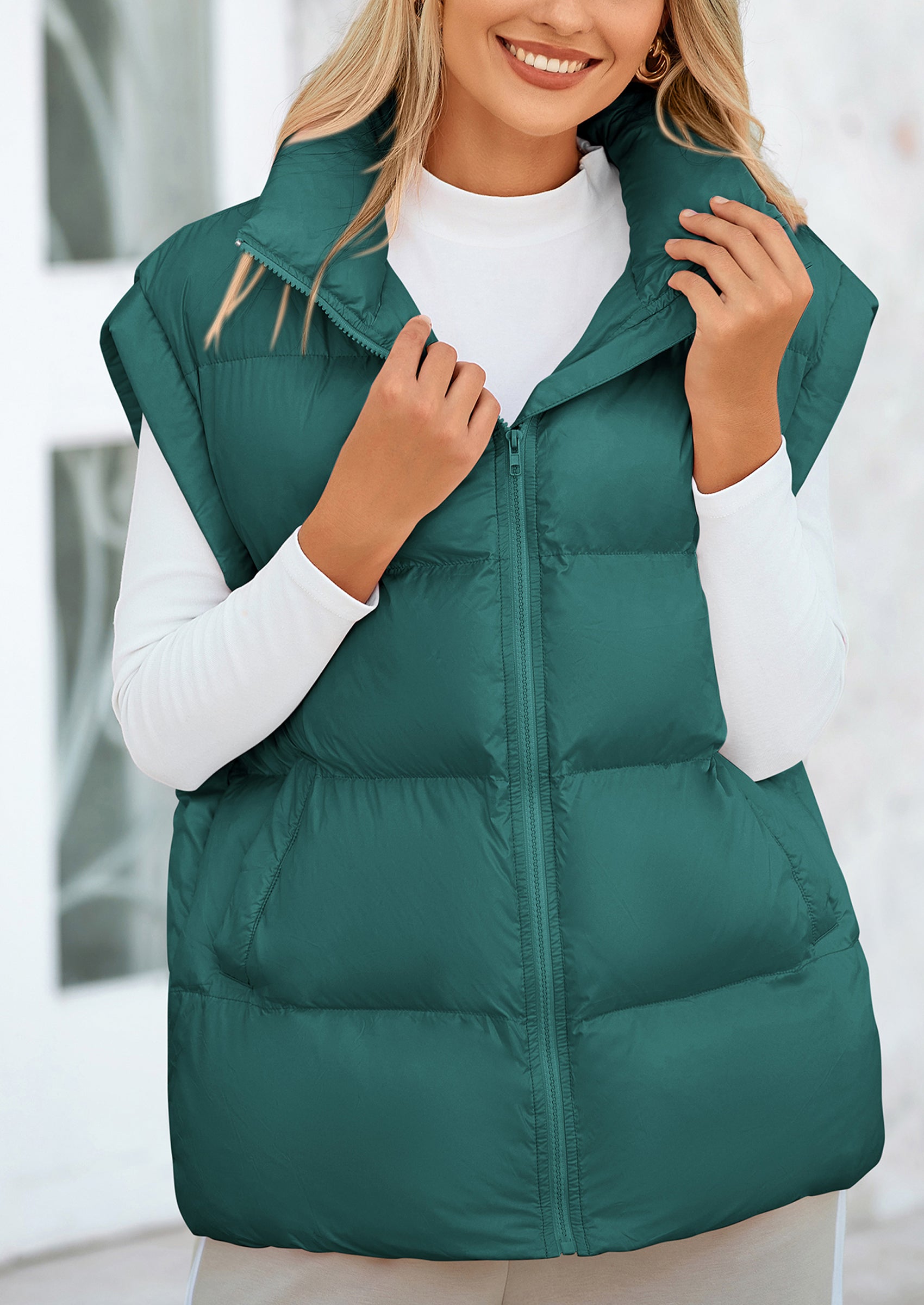 Casual Stand Collar Lightweight Sleeveless Zip Up Padded Coats