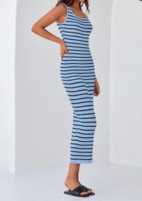 Casual Sleeveless Striped Ribbed Knit Beach Vacation Sundress Tank Midi Dress