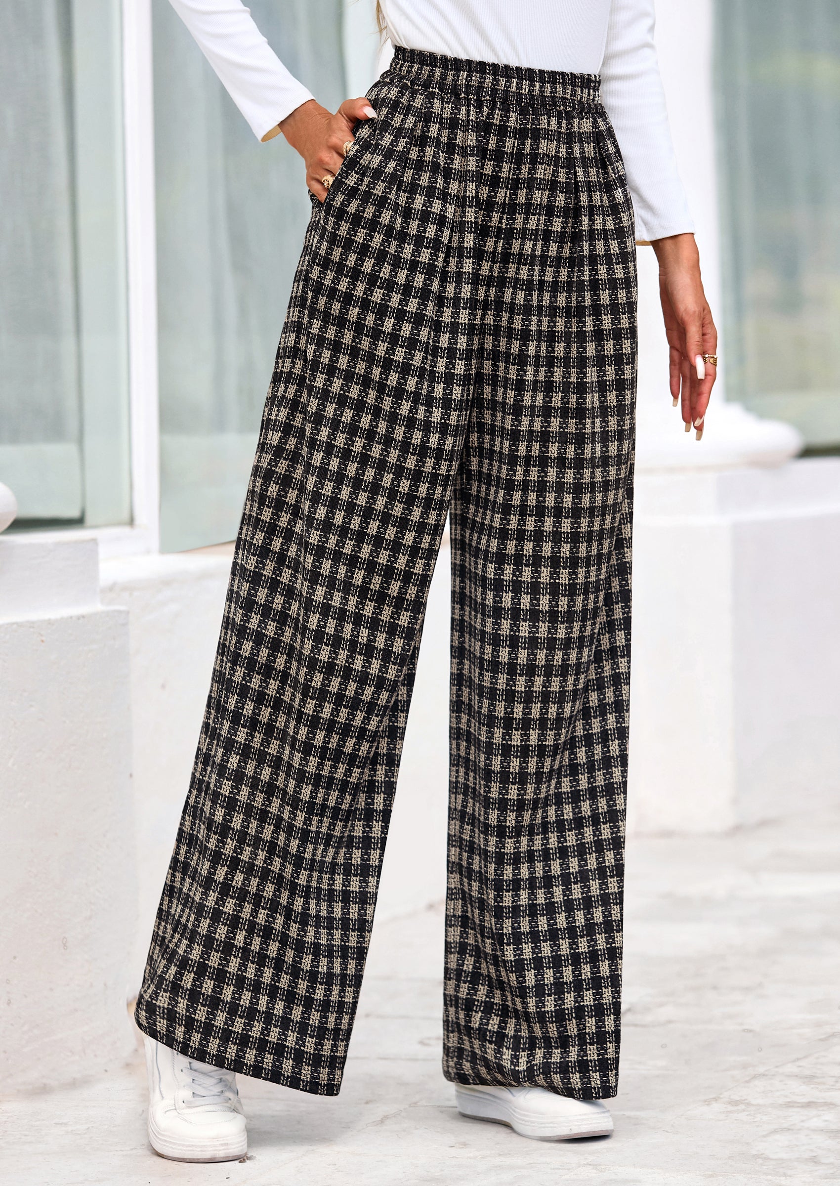 PRETTYGARDEN Casual Women's Pants Elastic Waist Palazzo Long Stretchy Wide Leg Trousers Knit Fall Outfits with Pockets