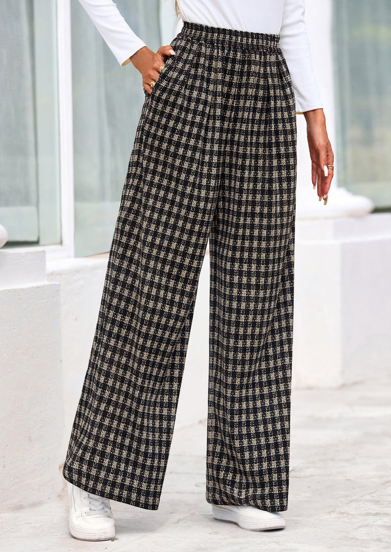 PRETTYGARDEN Casual Women's Pants Elastic Waist Palazzo Long Stretchy Wide Leg Trousers Knit Fall Outfits with Pockets